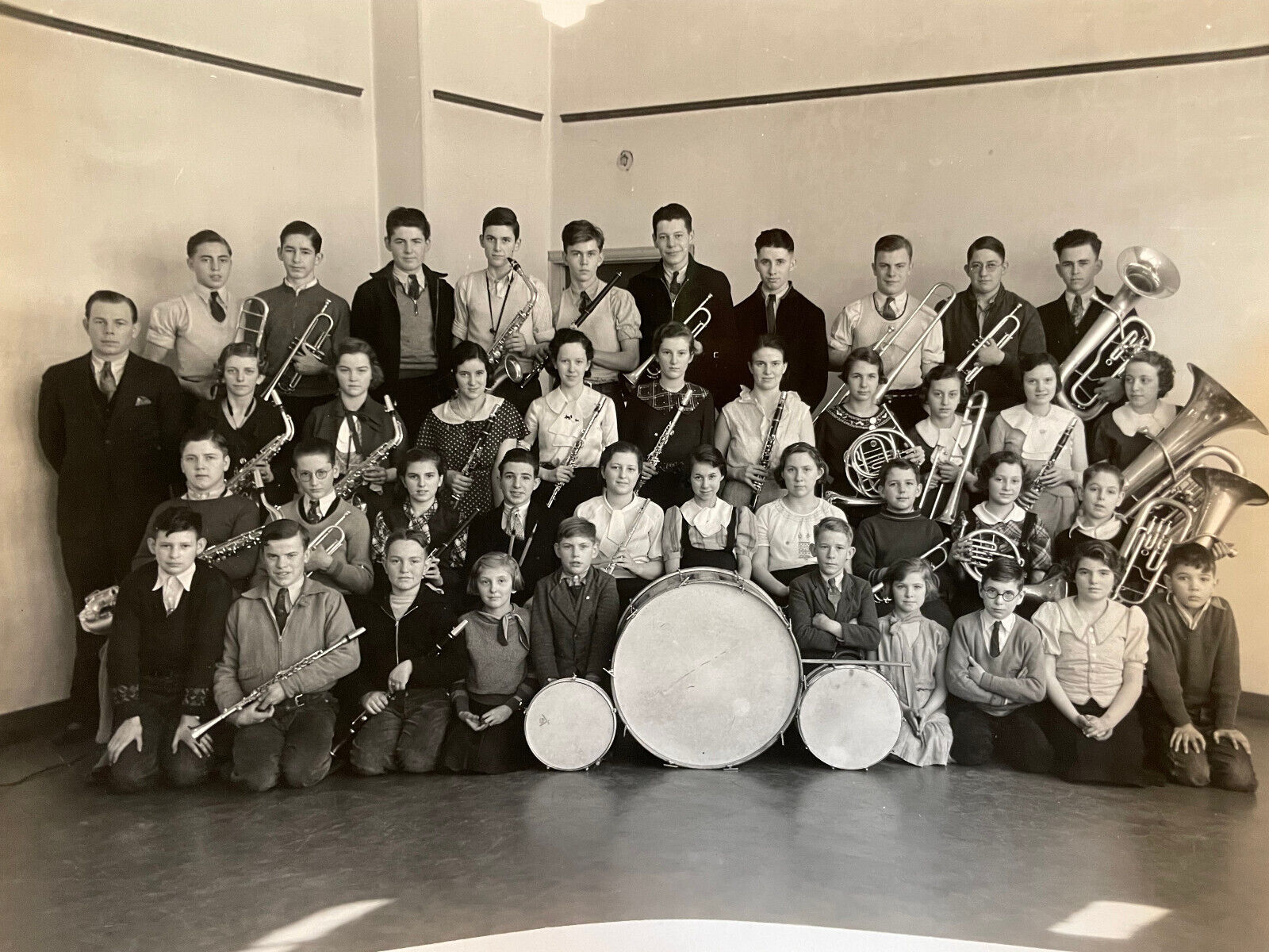 Snapshot Photo School Band Girl on Tuba Possibly New Paris Elkhart Co IN c1950s