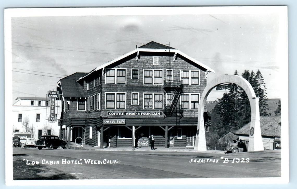 RPPC WEED, California CA ~ Roadside LOG CABIN HOTEL Street Scene c1940s Postcard