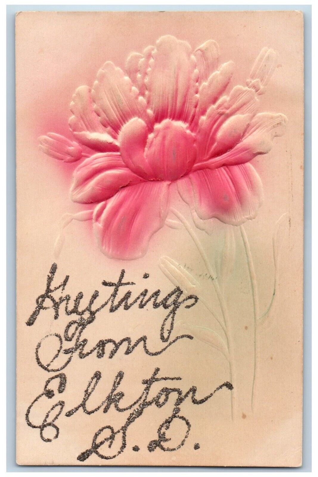 Elkton South Dakota SD Postcard Greetings Glitter Flowers Embossed 1910 Unposted