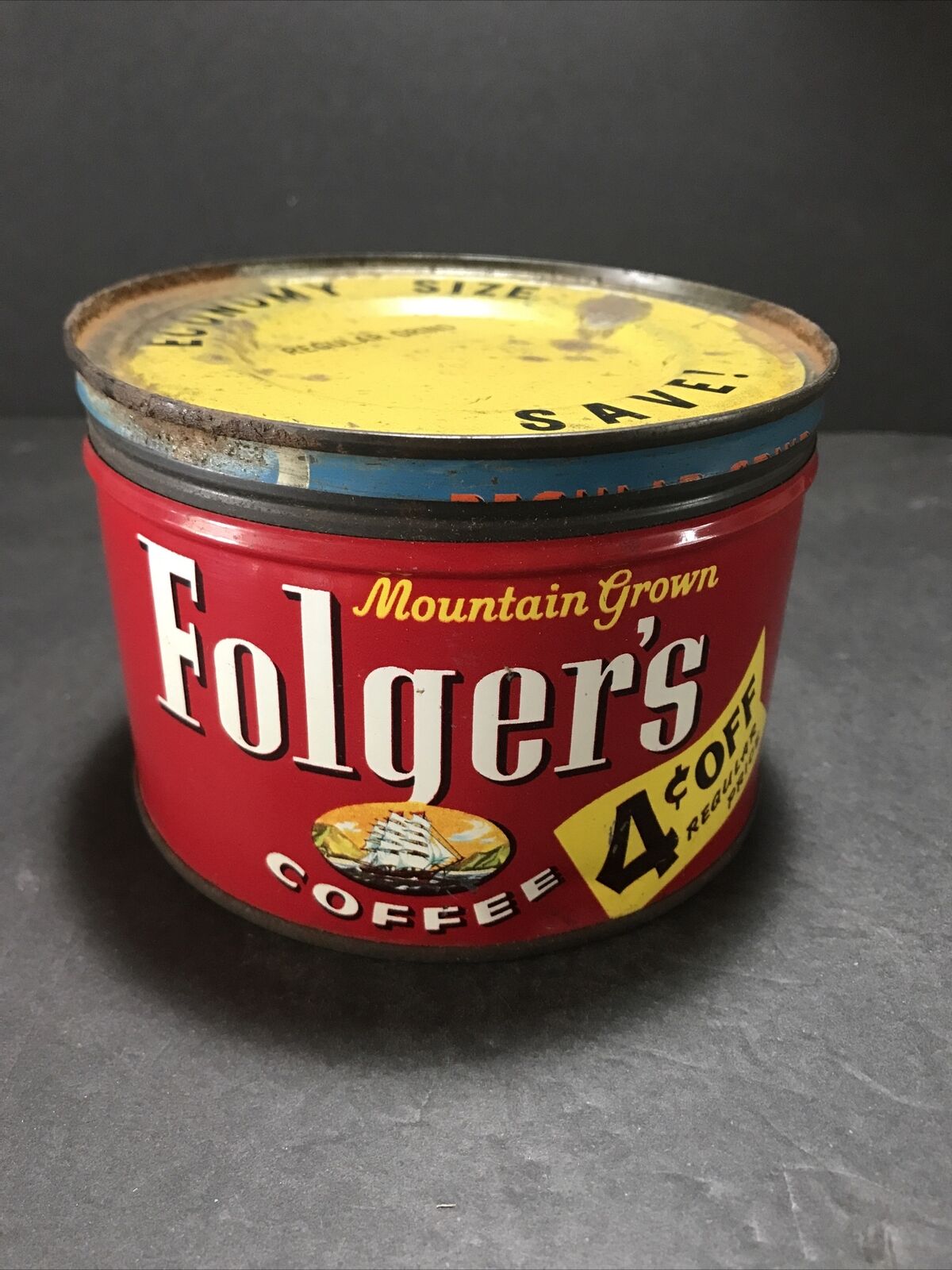 Vintage Folger's Coffee Can Tin 4 Cents Off One Pound 3 3/8” Tx 5” D - 1950’s