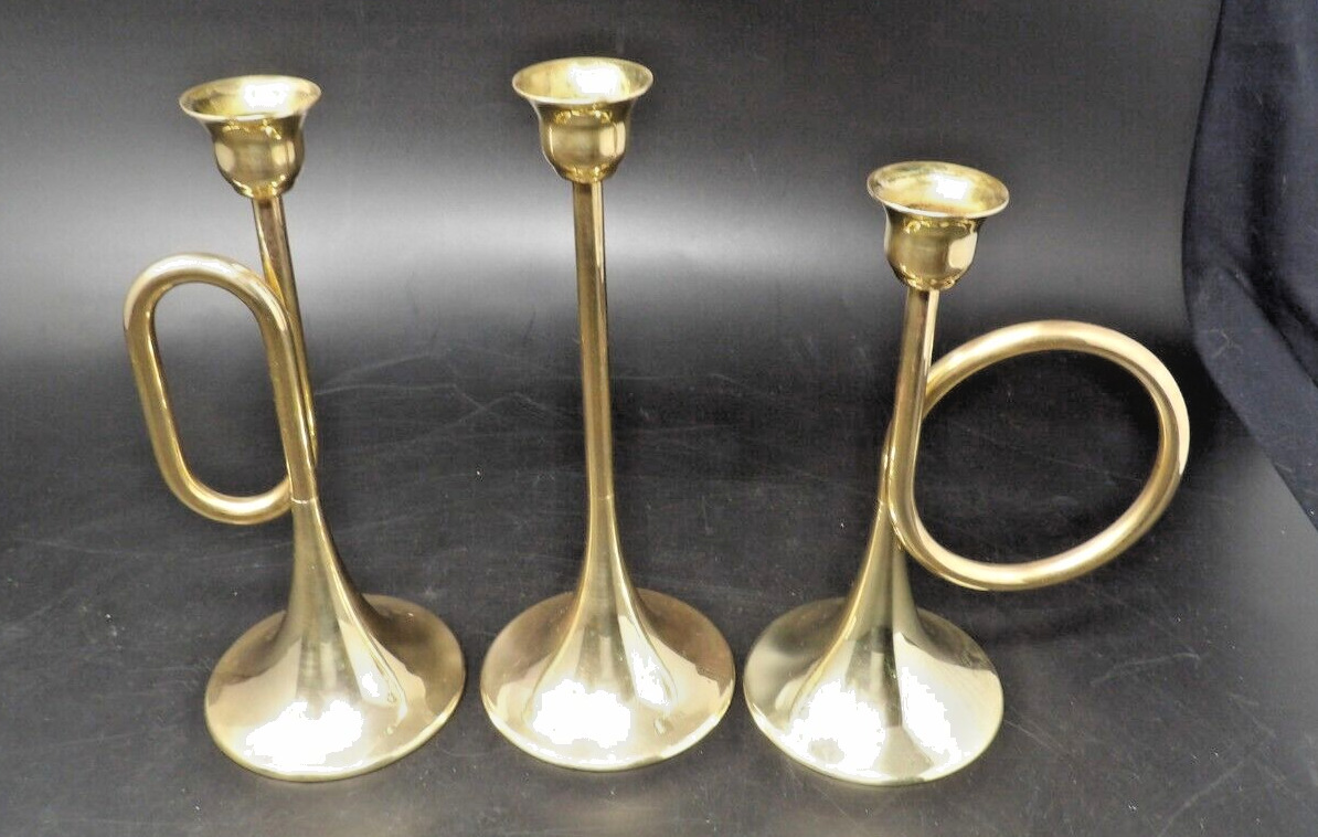 Vintage Set of 3 Silvestri Solid Brass Holiday Horns Candle Holders Hong Kong