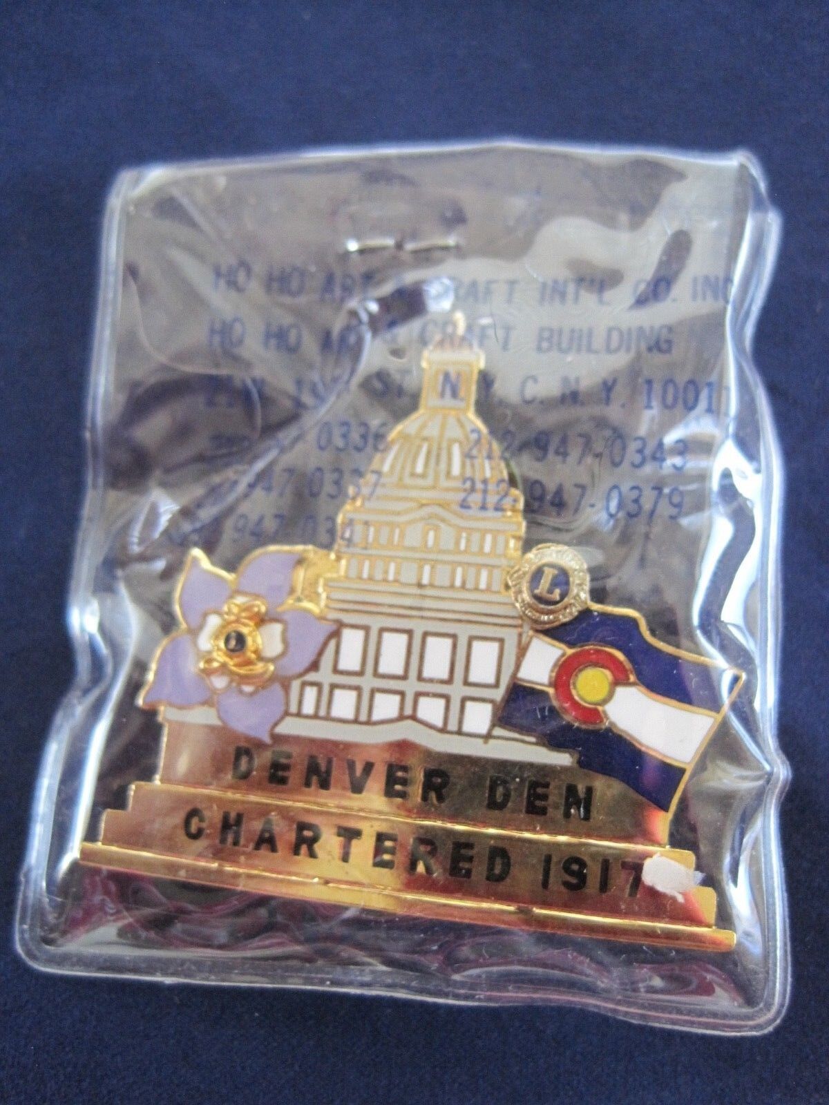 Denver Lions Club Chartered 1917 Pin in Wrapping 1 3/4\