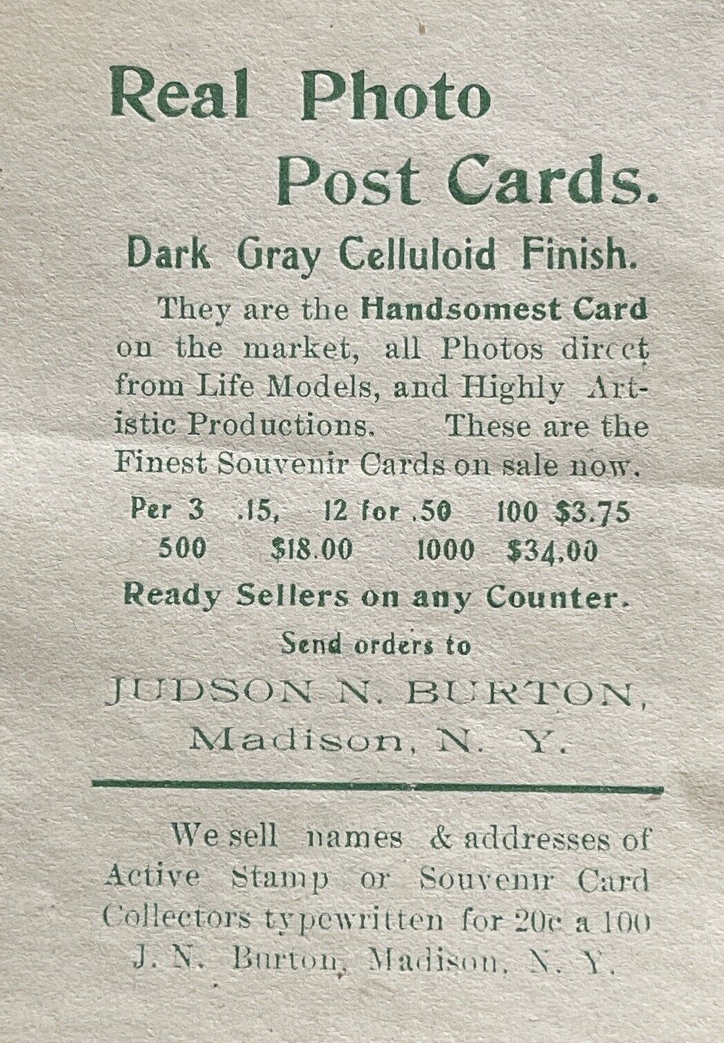 Original Antique Ad Judson Burton Real Photo Postcard Dark Gray Celluloid Finish