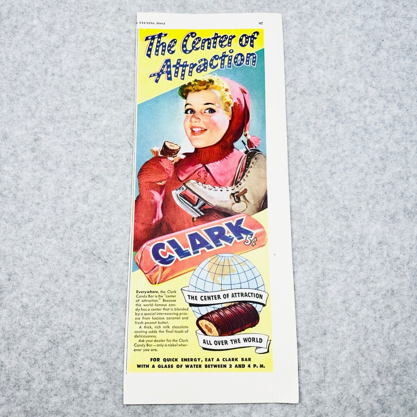 1947 Clark Candy Bar Chocolate Peanut Butter Caramel Ice Skater Vintage Print Ad