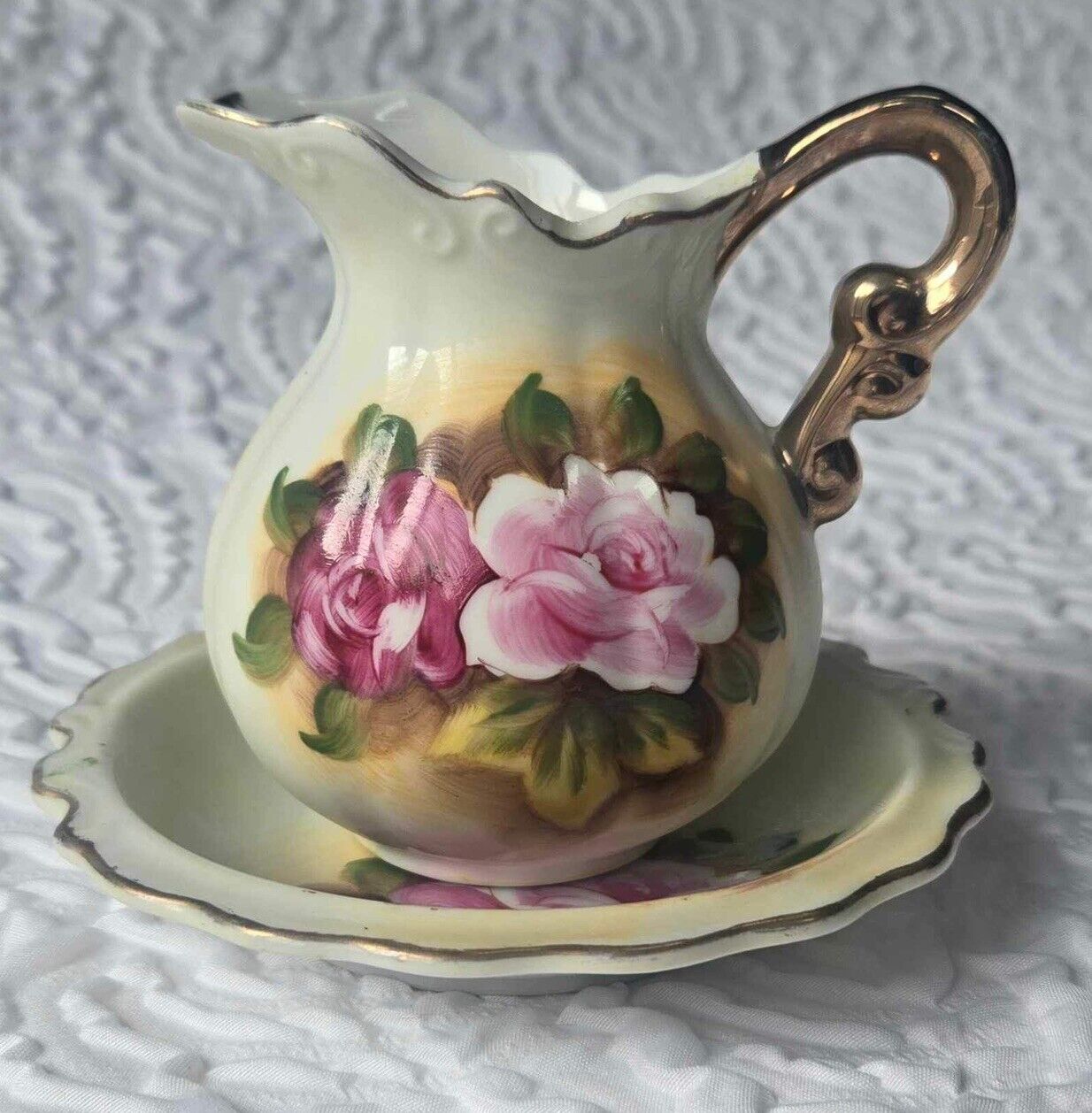 Vintage Enesco Japan Hand-Painted Rose Floral Mini Pitcher & Bowl w/ Gold Trim