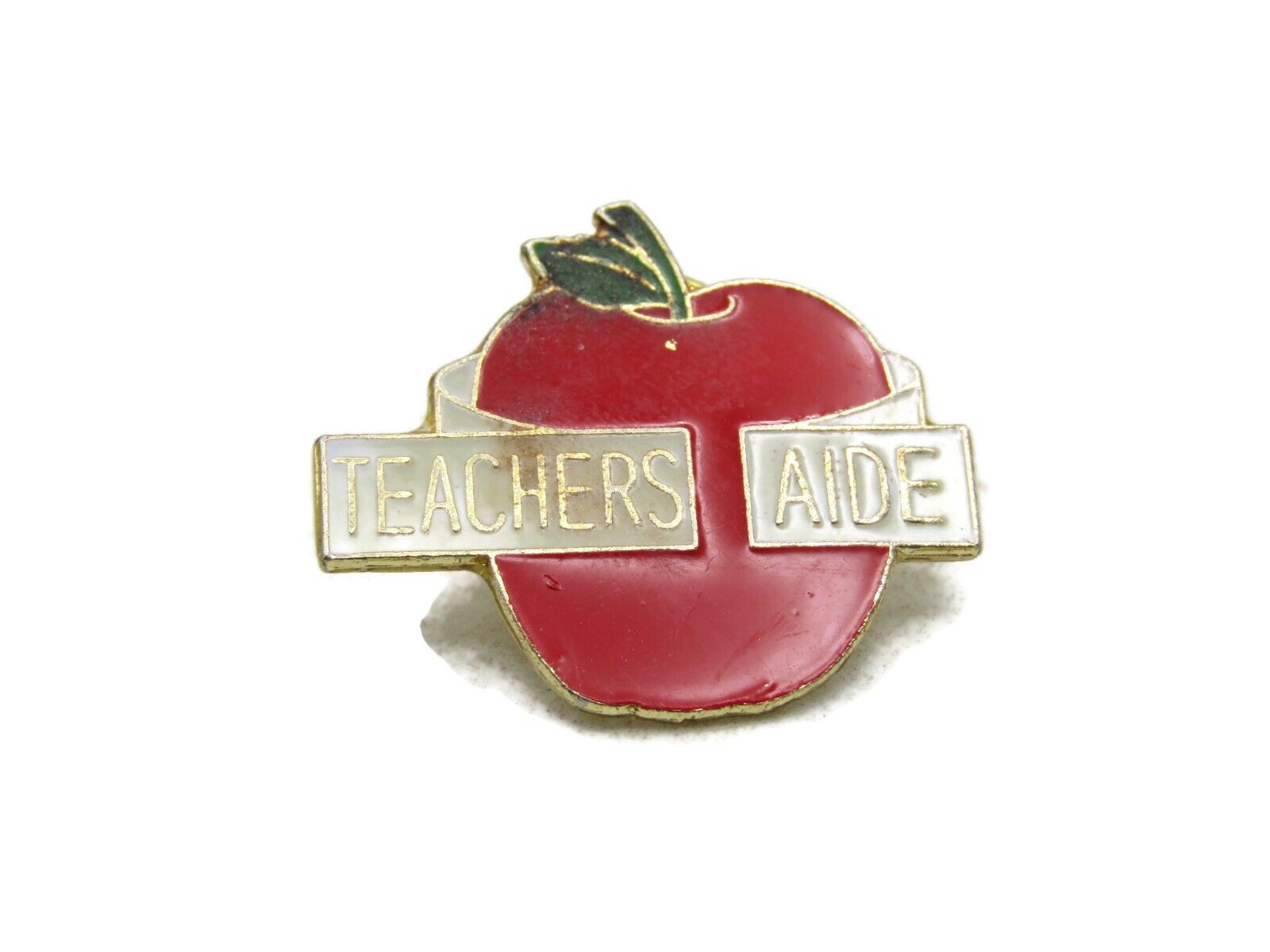 Vintage Teachers Aide Lettered Red Apple Pin Gold Tone