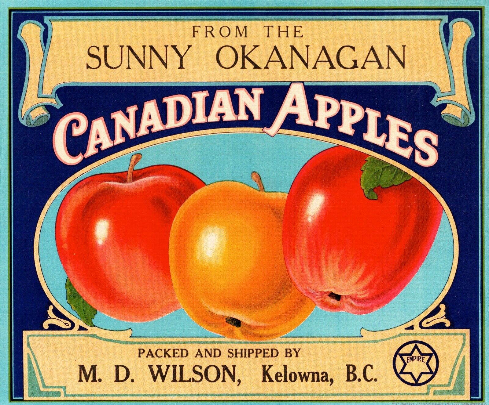 1 SUNNY OKANAGAN Brand Original Canadian Apple Fruit Crate Label Kelowna, B.C.