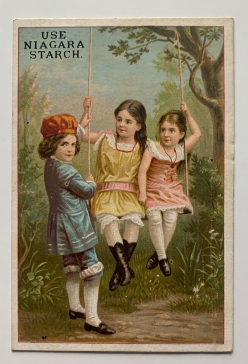 c 1880s Victorian Trade Card Use Niagara Starch Boy with Two Girls Swing antique