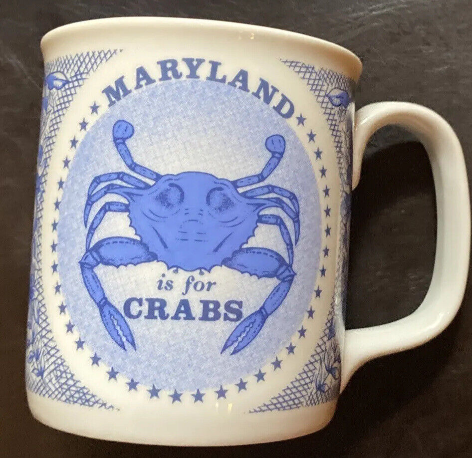 Maryland Is For Crabs Coffee Cup White W Blue Old Line State Words 3 1/4 X 4.5”