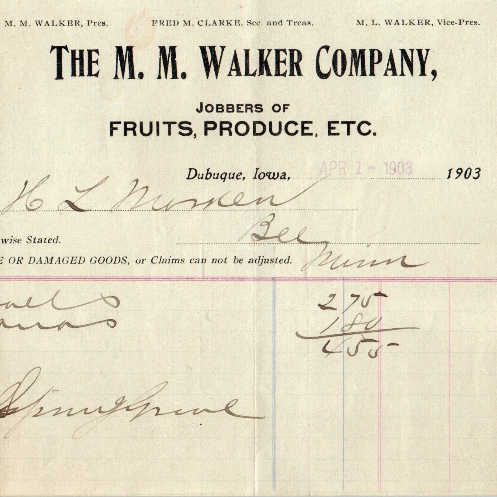 1903 Dubuque, Iowa M.M. Walker Letterhead Fruits Bananas Receipt Antique Bill R1