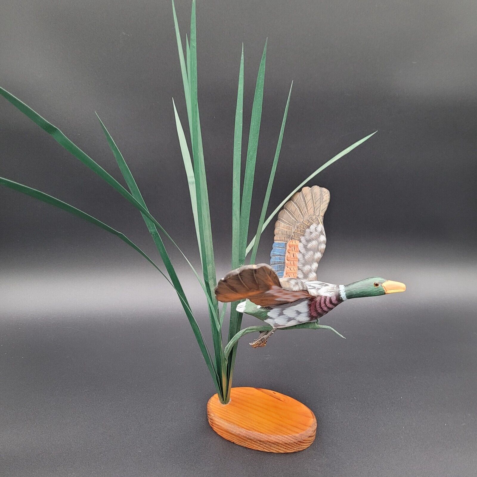 Vintage Wooden Flying Mallard Duck Decoy Reeds Grass Sculpture On Wooden Base