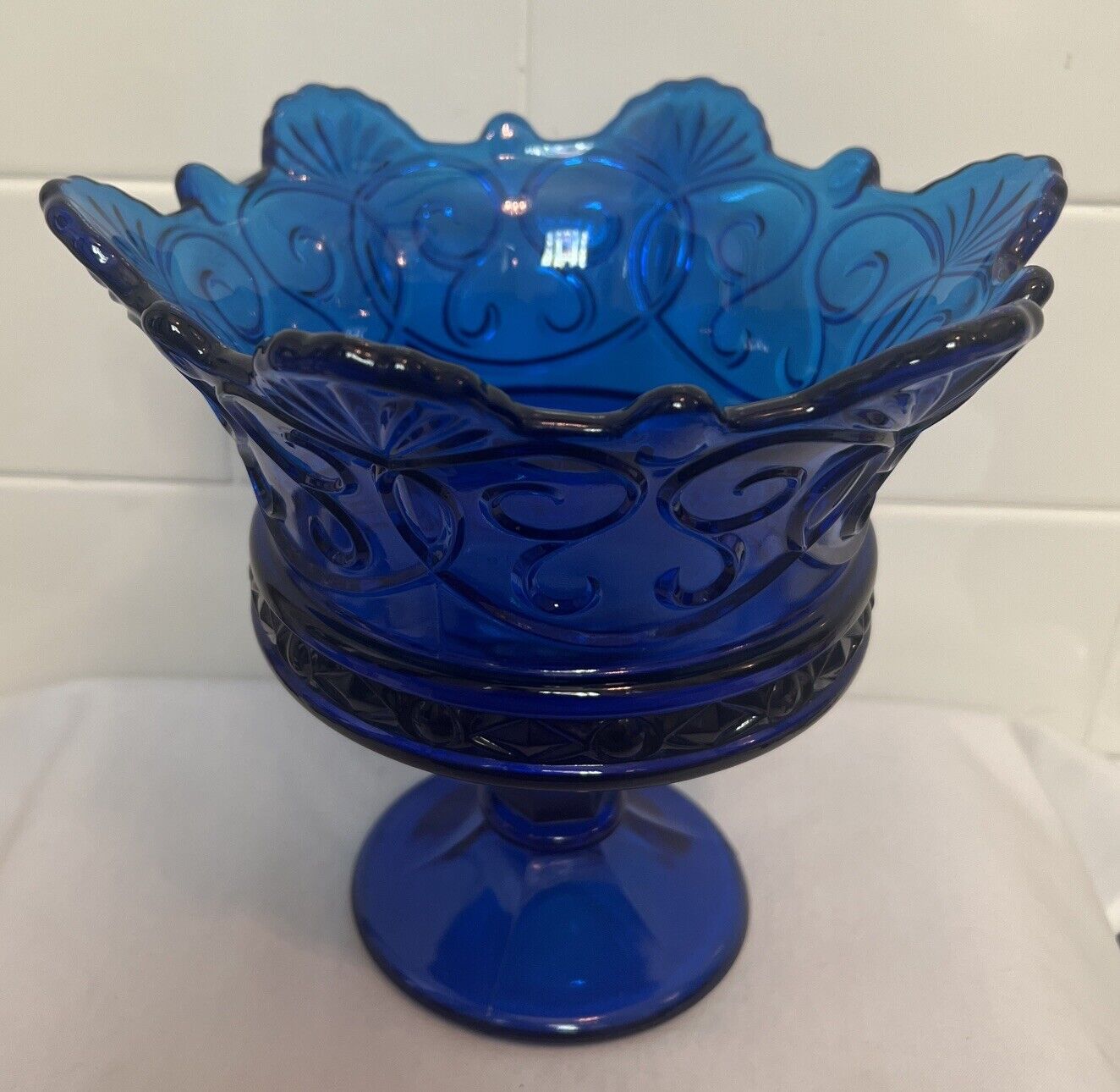 Vintage Fostoria Glass Navarre Crown Cobalt Blue Compote Bowl 1950s