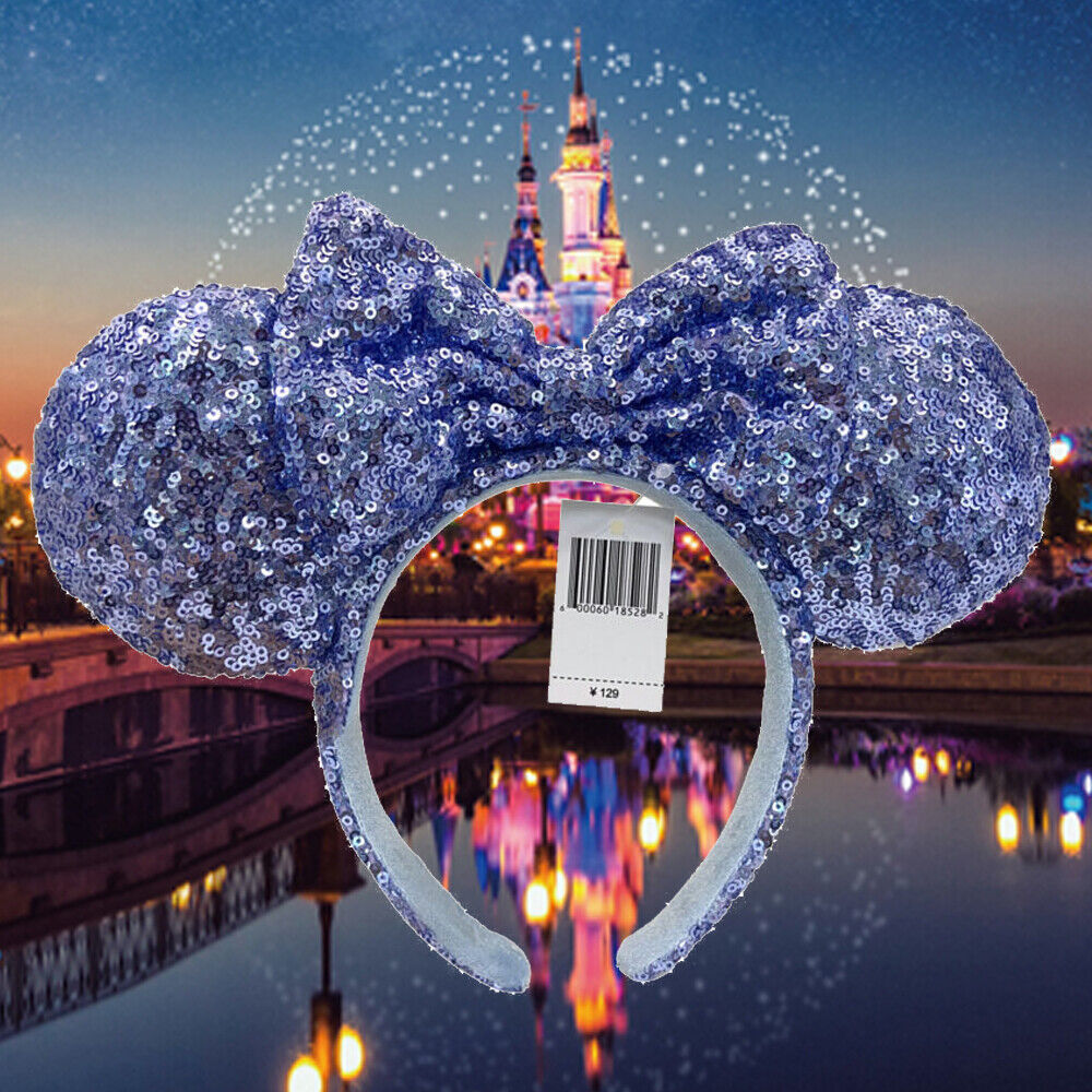US Disney-Parks Blue Sequins Bow Ears Anniversary Minnie Mouse Headband 2024