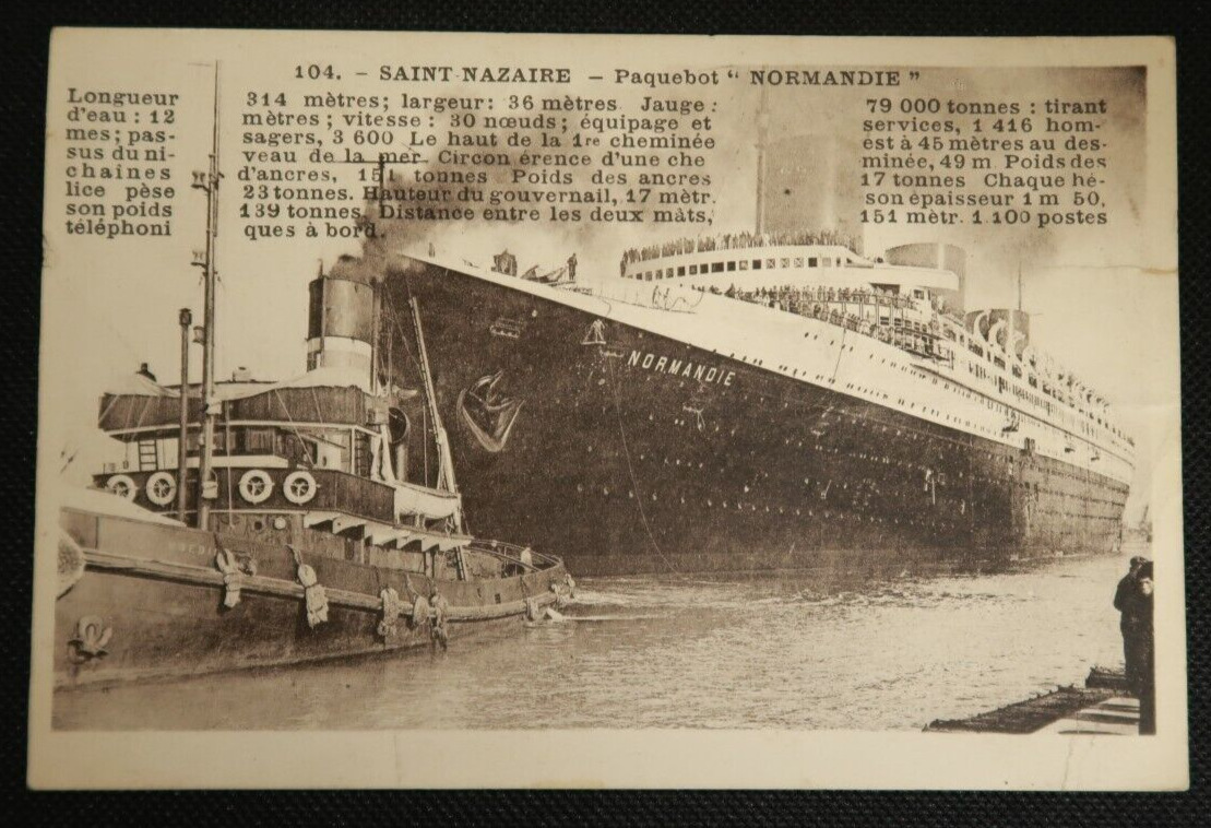 St. Nazaire SS Normandie Normandy Postcard Steamship LSJ Ocean Liner Boat Ship