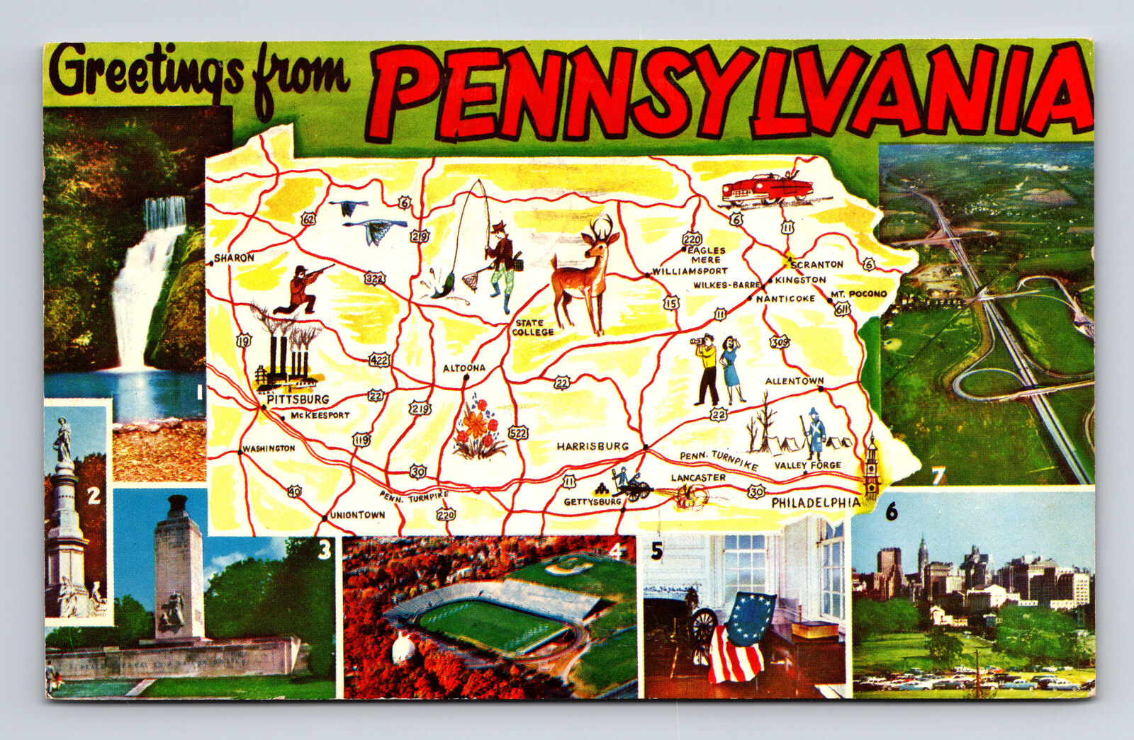 c1963 Pictorial Map Multi-View Greetings From State of Pennsylvania PA Postcard
