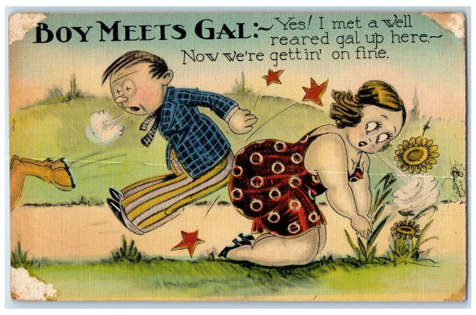 c1930's Boys Meets Gal Fat Woman Big Bat Flowers Unposted Vintage Postcard