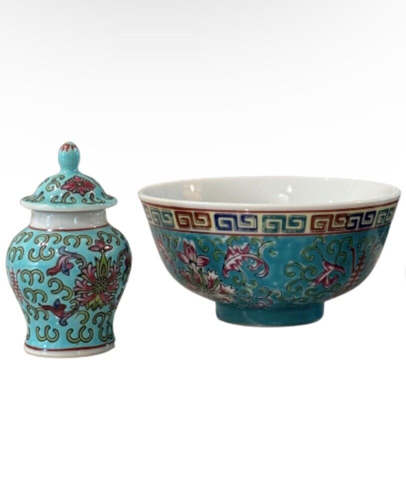 Lot Of 2 Vintage Chinese Mun Shou Jar Chinese Antique Porcelain Turquoise Bowl