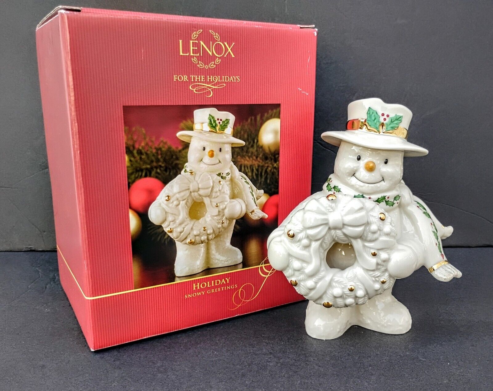 Lennox 2010 Holiday Snowy Greeting  Snowman Figurine Porcelain Gold Accents 
