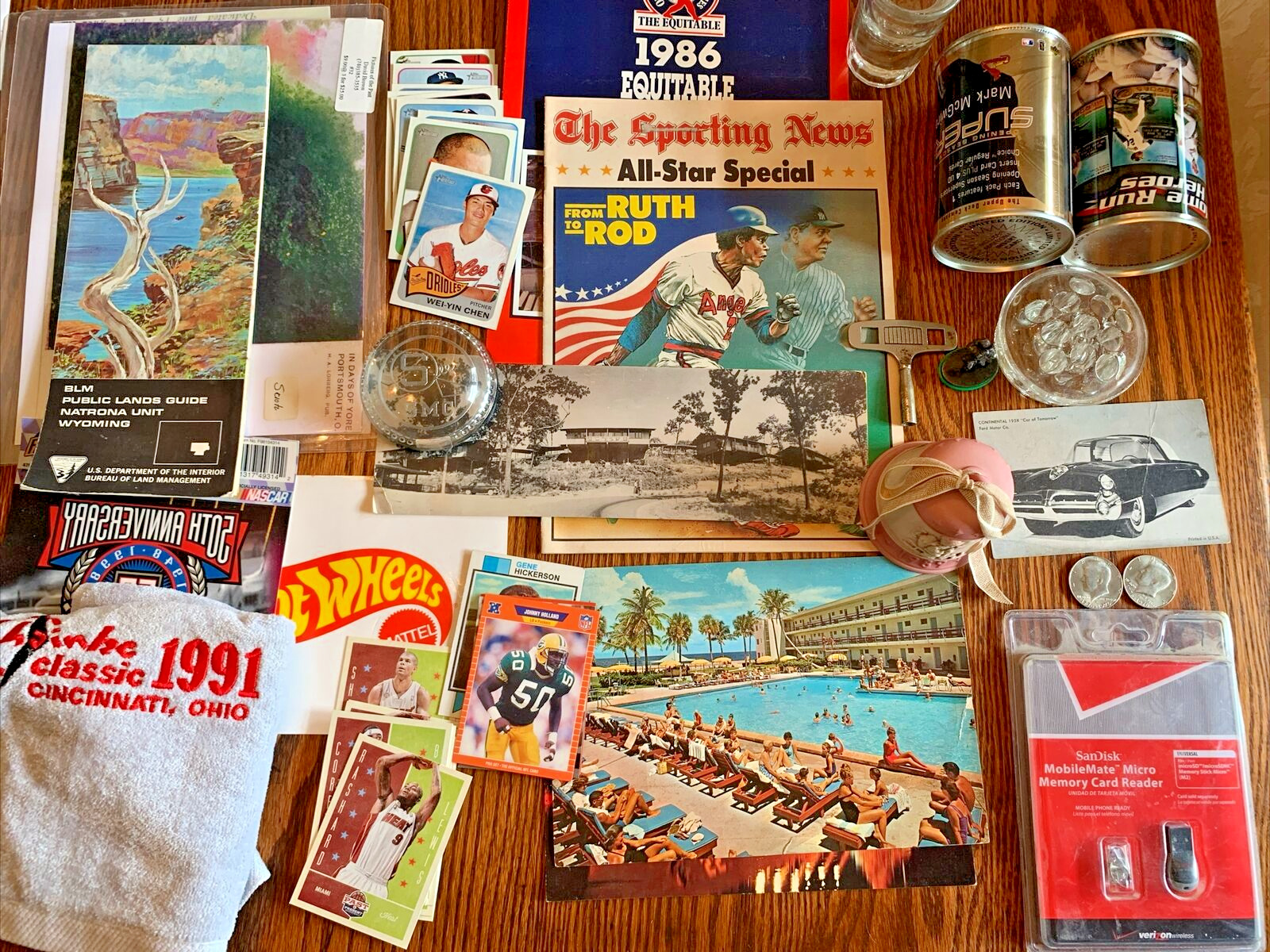 Junk drawer lot vintage Sports cards, Postcards, Coins , Postcards, Glassware