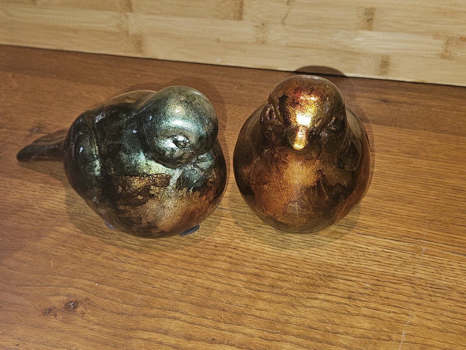 Pair Of Ceramic Bird Figurines Metallic Blue Orange Copper Glaze 7\