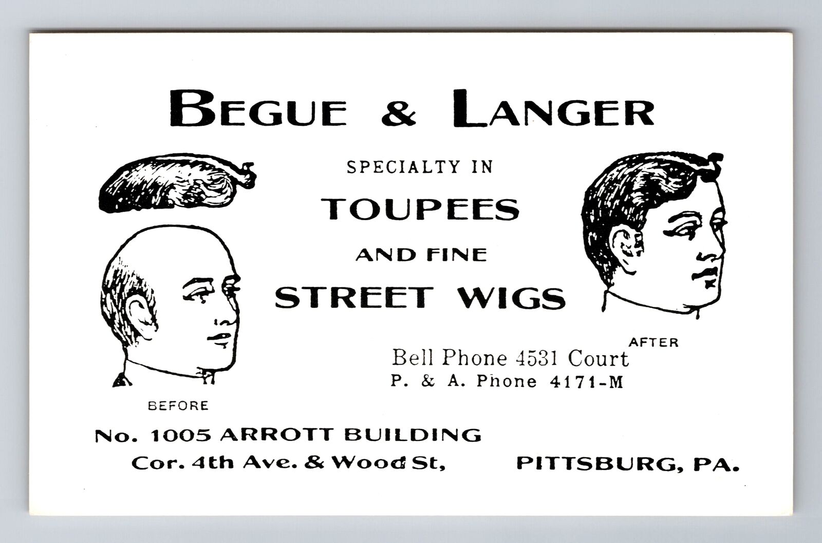 Pittsburg PA-Pennsylvania, Begue & Langer Toupee Advertising, Vintage Postcard