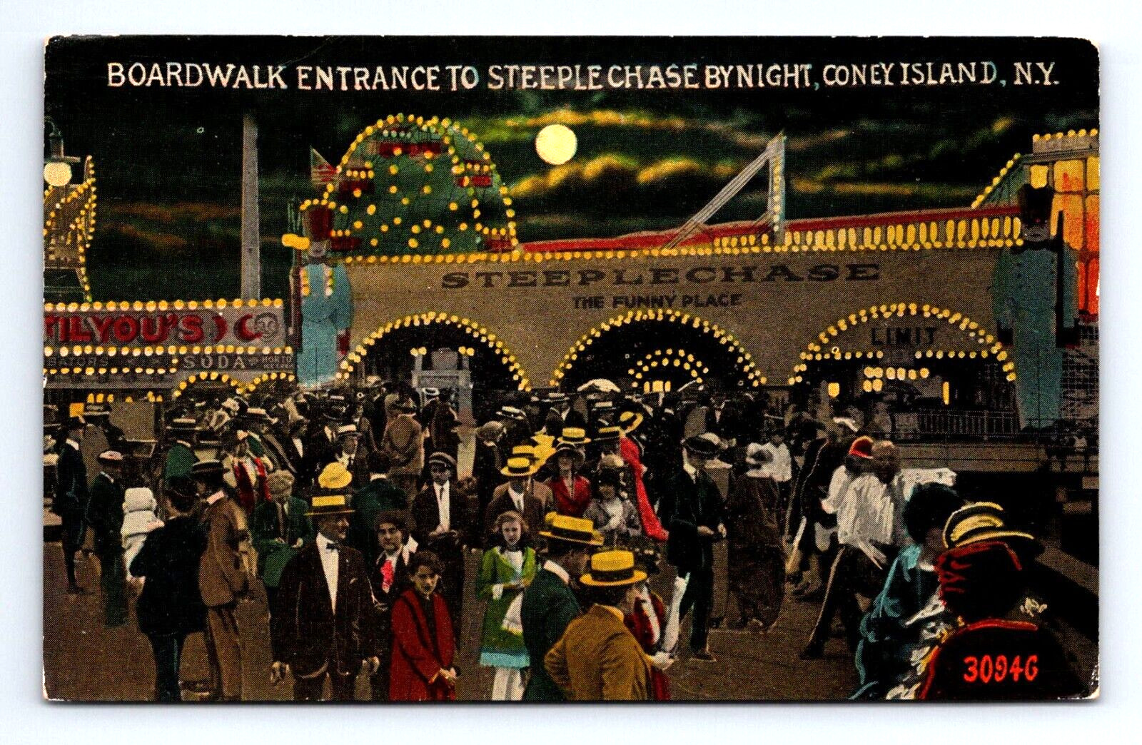 Coney Island NY Boardwalk Entrance To Steeplechase By Night New York Postcard