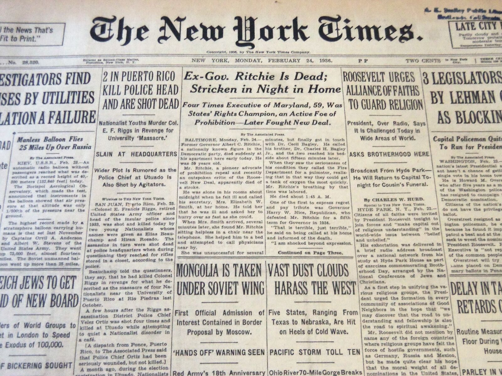1936 FEBRUARY 24 NEW YORK TIMES - EX-GOV RITCHIE IS DEAD - NT 6702