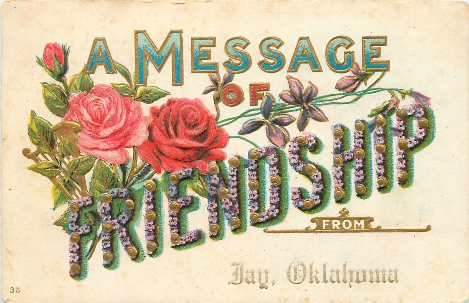 1912 A Message of Friendship From Jay, Oklahoma Embossed Postcard