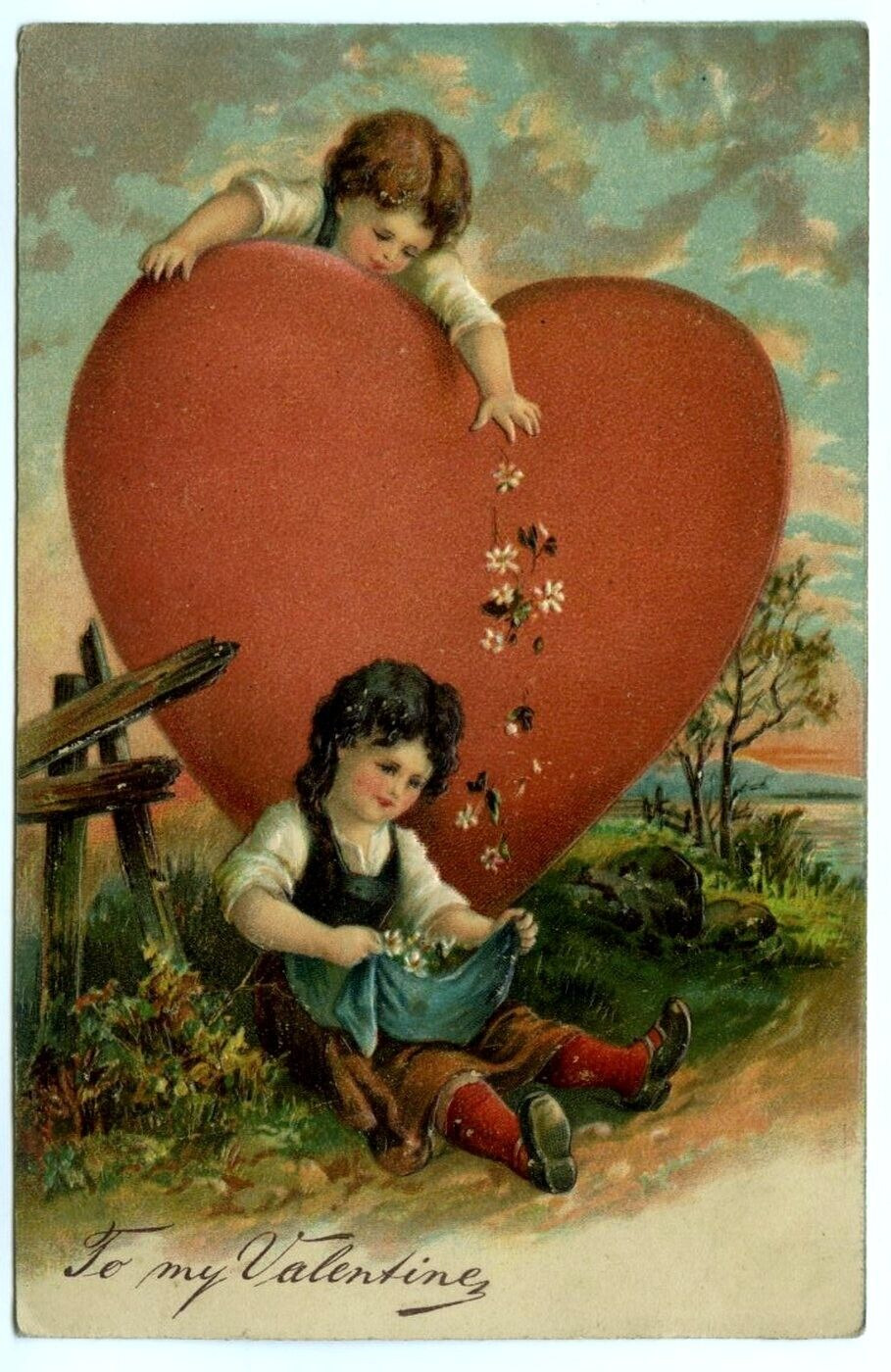 Valentine Children Large Heart German-American Novelty Art Series Postcard