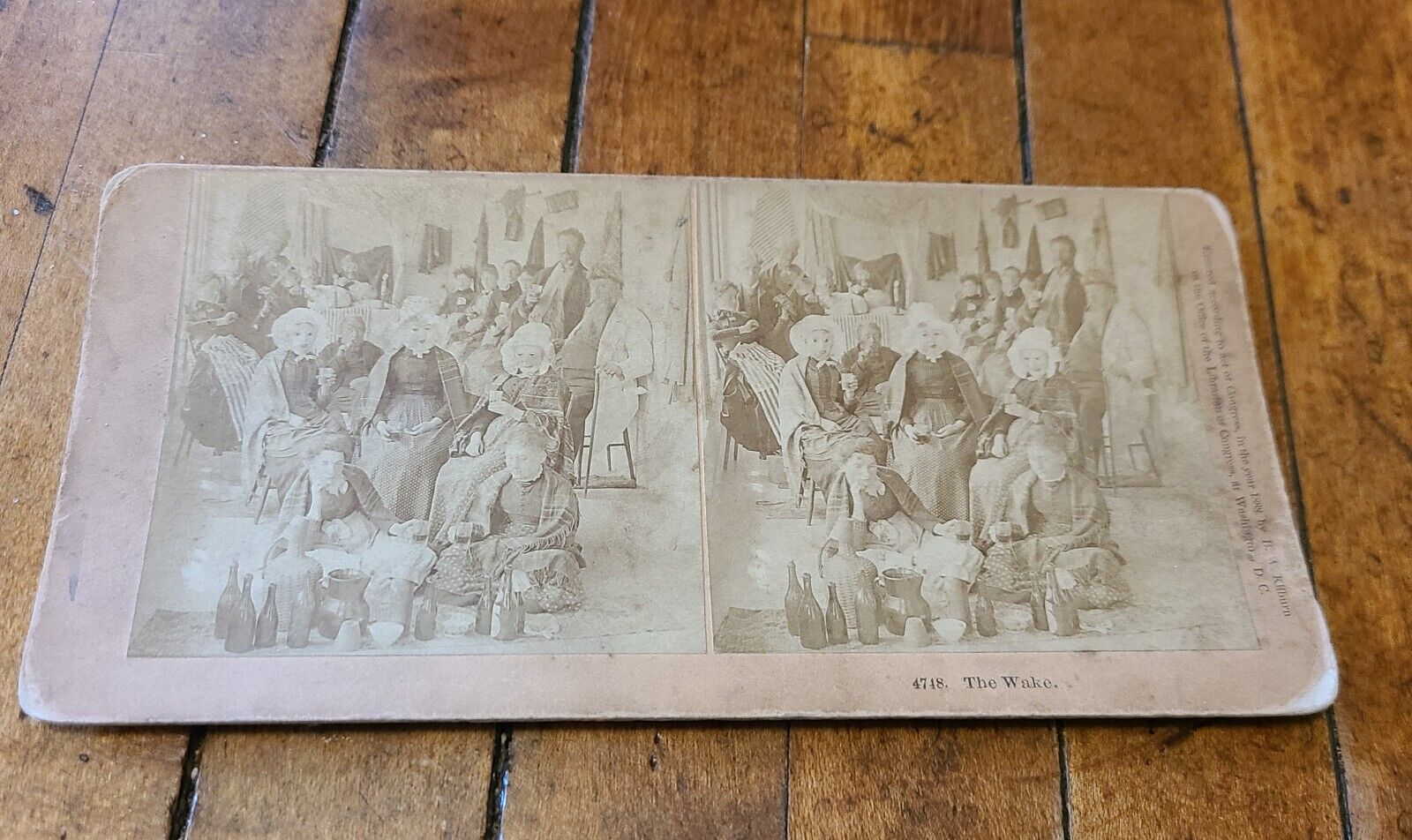 Antique Kilburn Stereoview Card THE WAKE Many people with lots of bottles