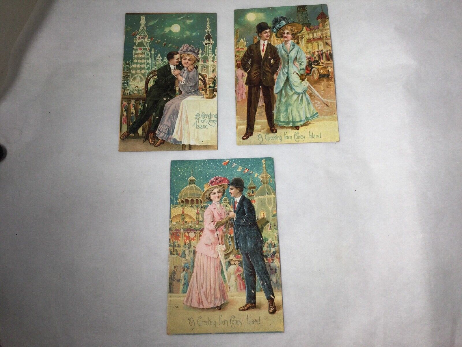 Vintage Coney Island souvenir postcards early 1900\'s Romantic  embossed 3 pc