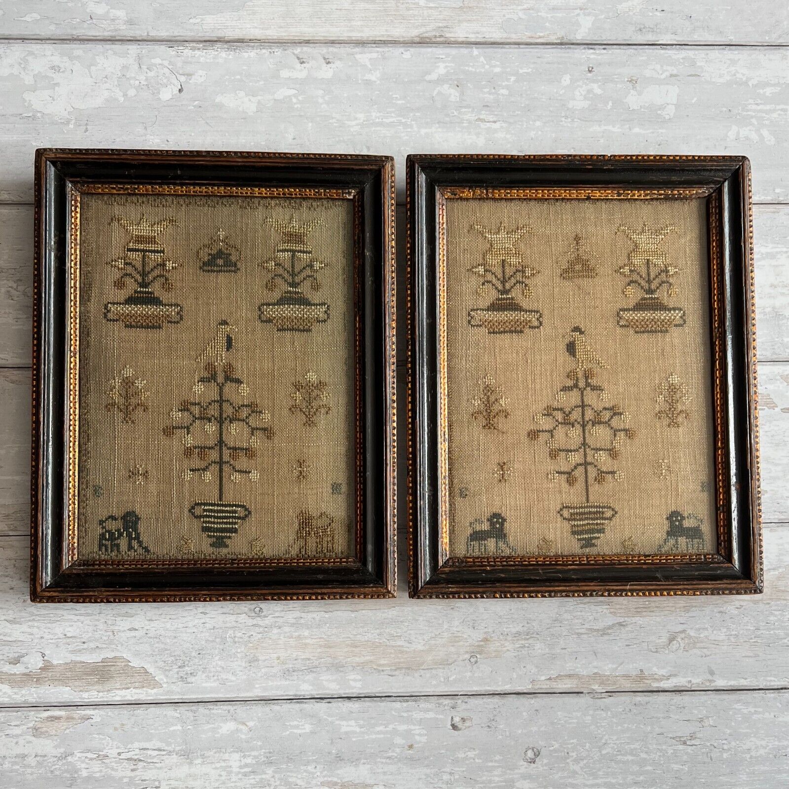 Antique Georgian Sampler Pair, SMALL Size, Lions, Leopards and Rabbits Initials