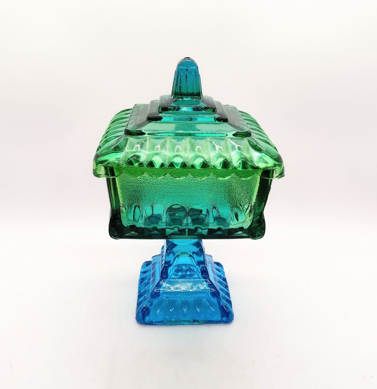 Jeanette Glass Art Deco Lidded Pedestal Wedding Candy Dish Vtg Green Blue READ