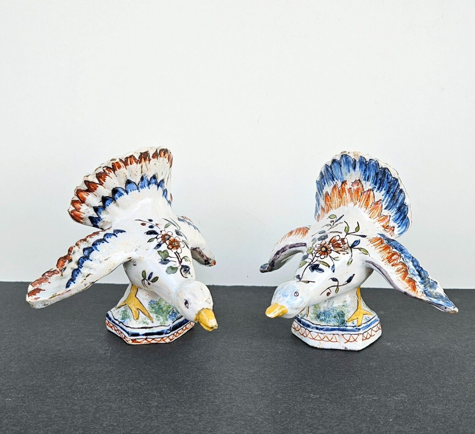 Antique French Faience Majolica paired figurines Duck Birds 19th century Desvres