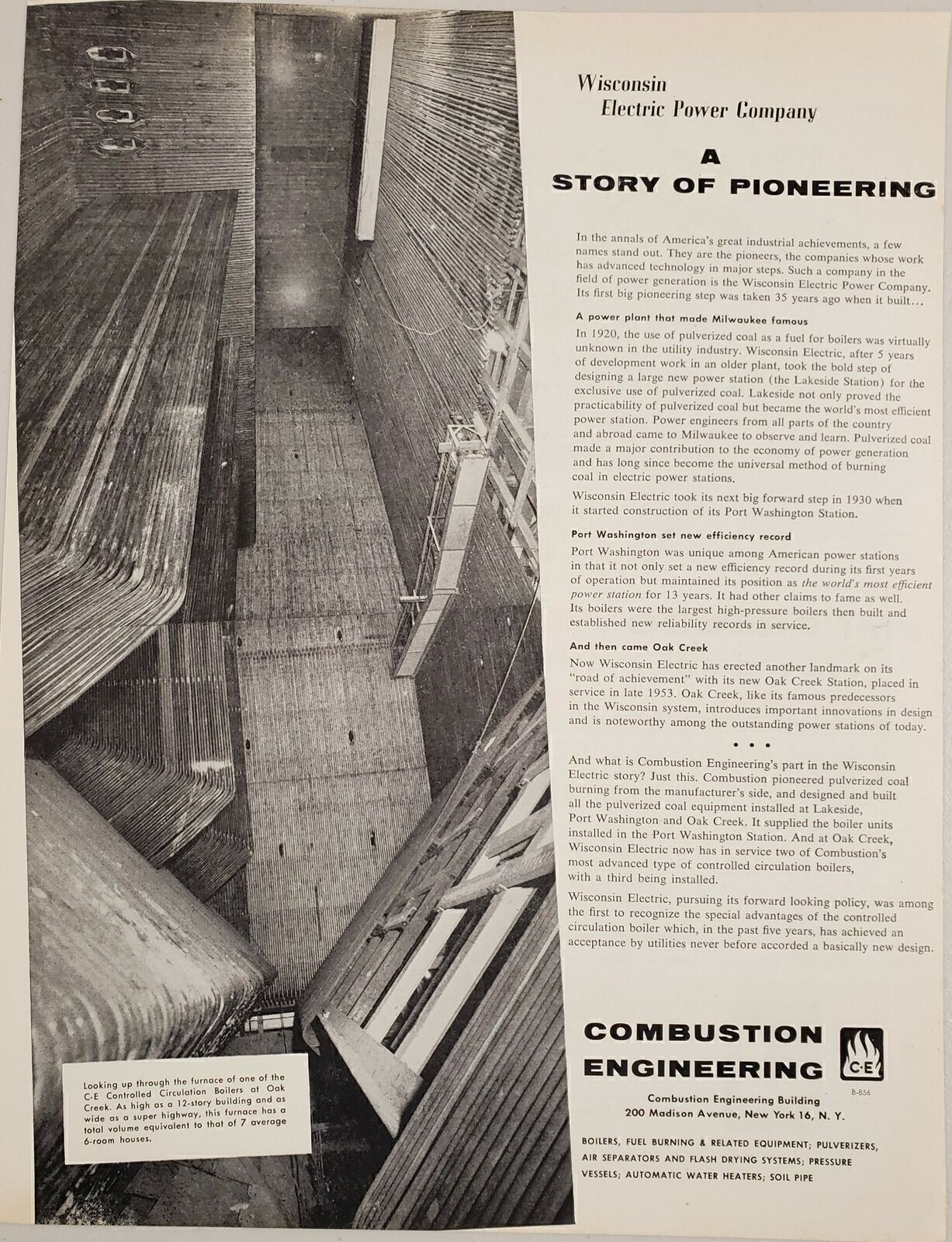 1955 Print Ad Combustion Engineering Wisconsin Electric Power Co New York,NY