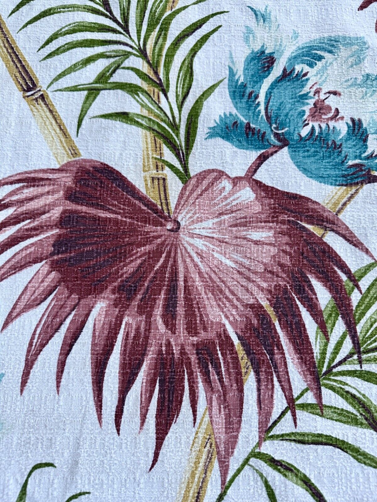 1940's Hawaiian Monstera Leaf Turquoise Tropical Bamboo Barkcloth Vintage Fabric