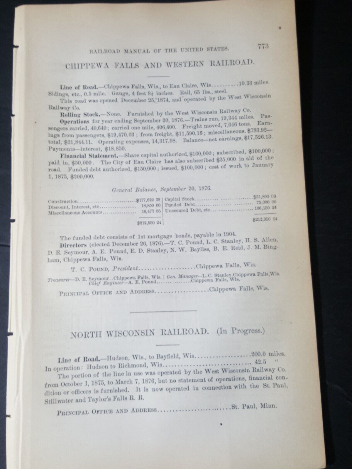 1878original train report Chippewa Falls & Western Railroad Eau Claire Wisconsin