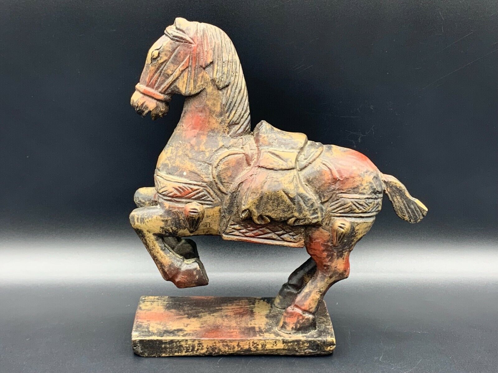 Late 19th C. Chinese Hand Painted Wood Tang Dynasty War Horse Worrier Sculpture
