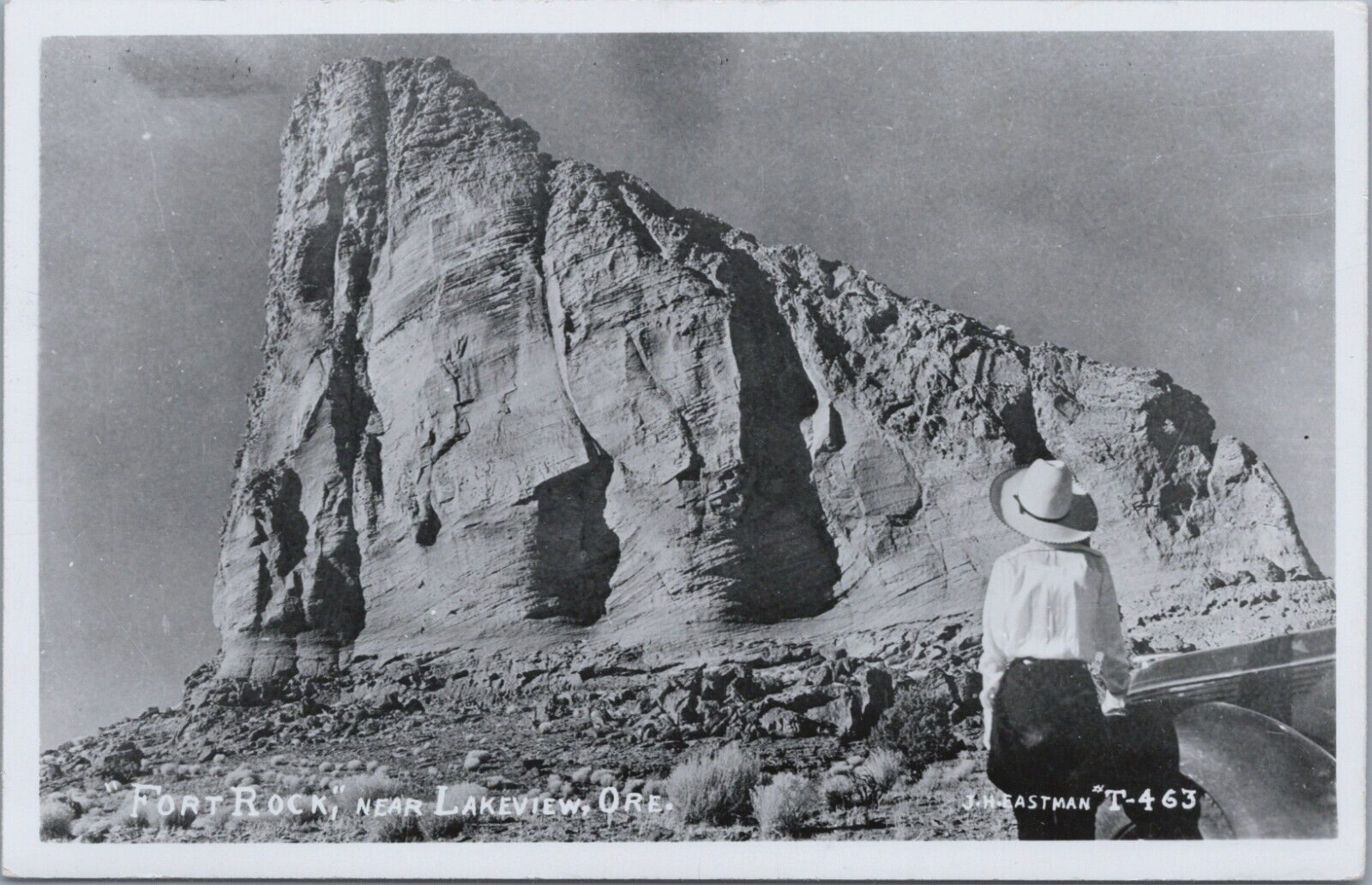 RPPC Fort Rock Lakeview Oregon Woman Hat Old Car Volcanic Geology Eastman Photo