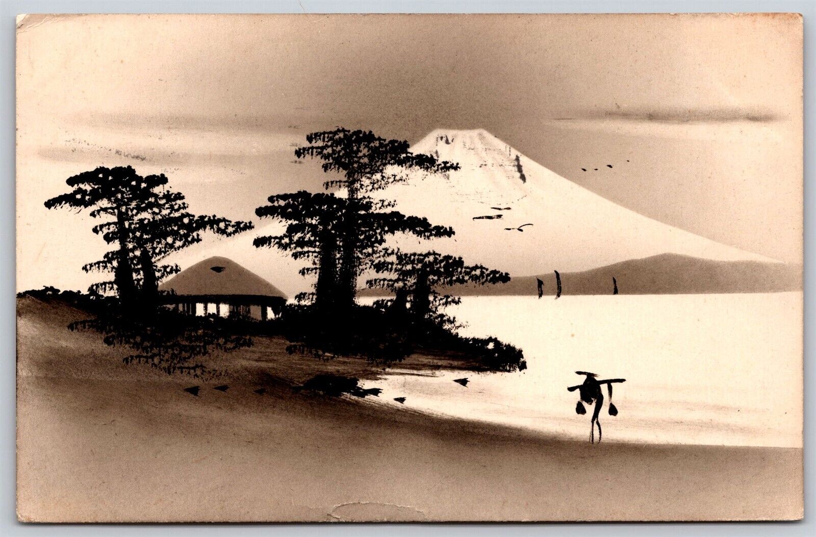 Postcard Hand Painted Japanese Scene Mt Fuji D32