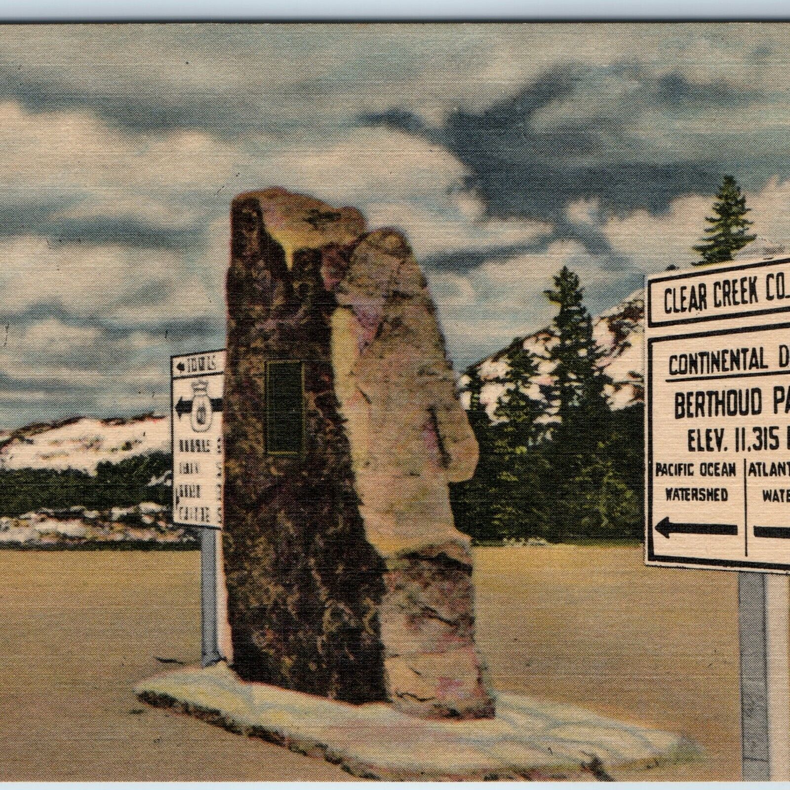 1941 Summit of Berthoud Pass CO Continental Divide Signs US Hwy 40 Linen CT A198
