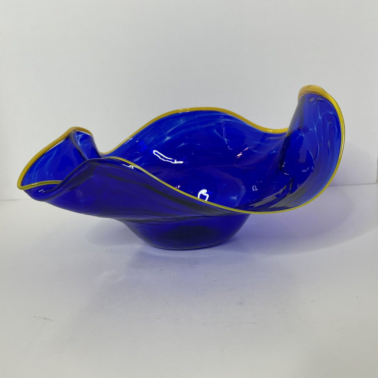 Hand Blown Art Glass Bowl Unique Waves Cobalt Blue Gold/Yellow Rim 10\