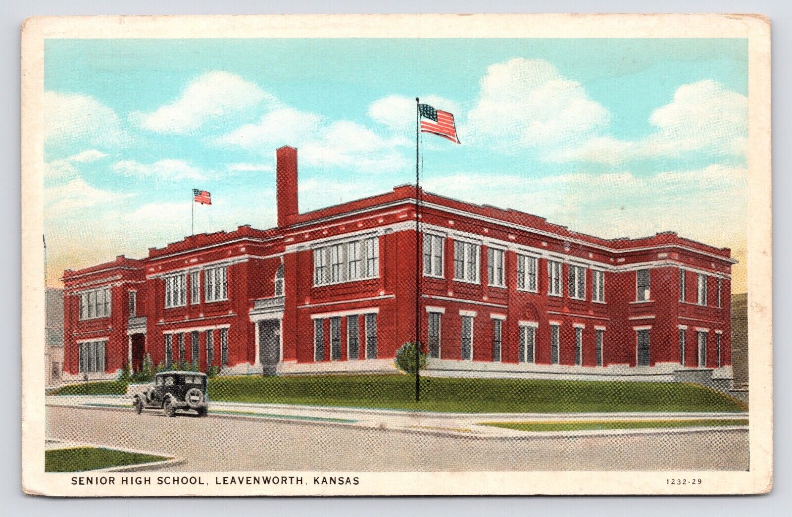 c1920s~Leavenworth Kansas KS~Old Senior High School~Flagpole~Car~VTG Postcard