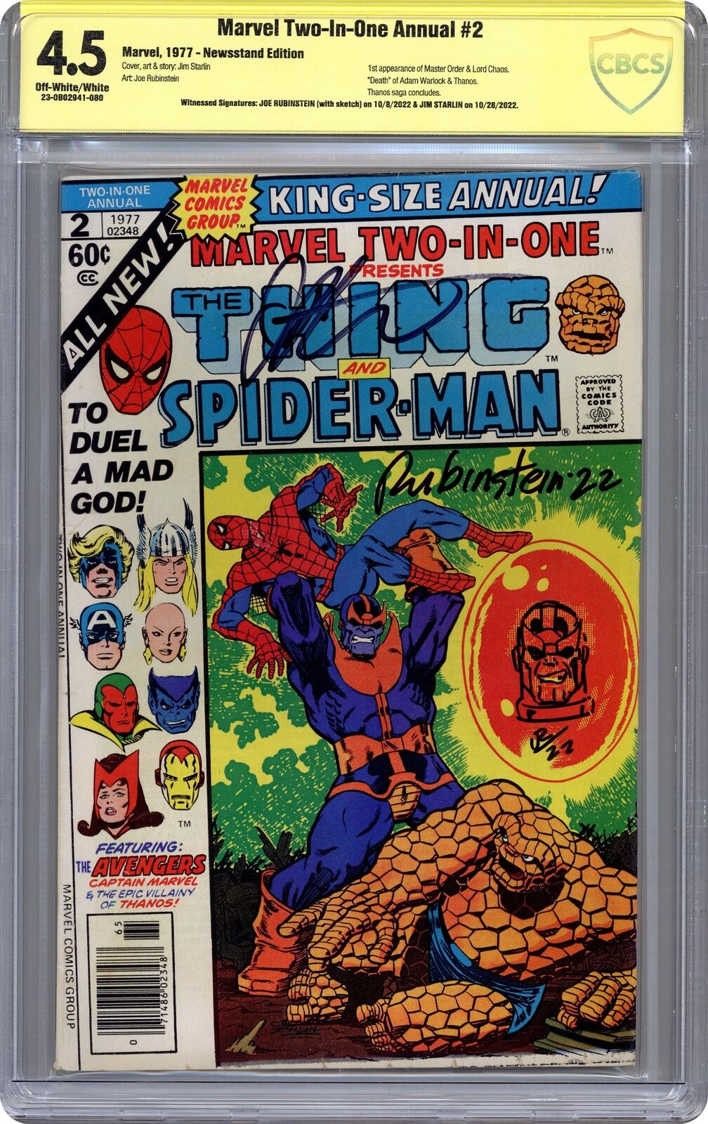 Marvel Two-in-One Annual #2 CBCS 4.5 Newsstand SS Rubinstein/Starlin 1977