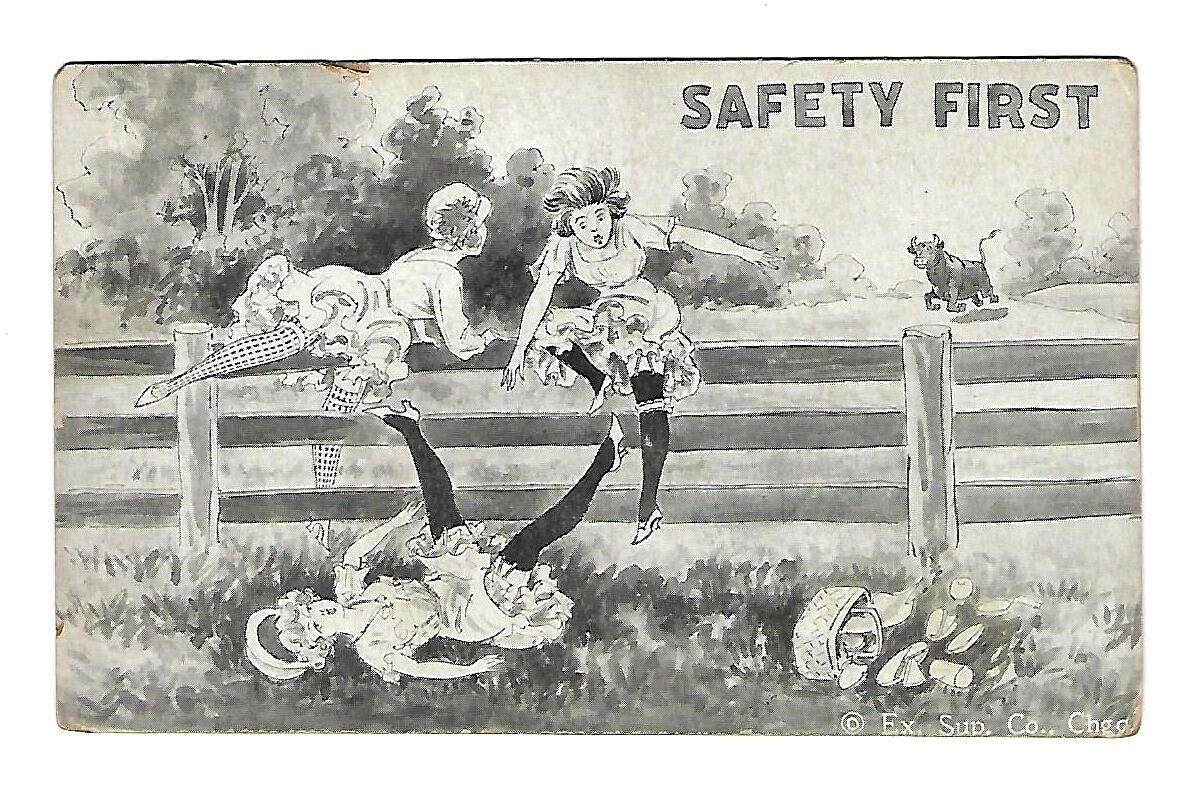 Early 1900\'s Postcard Safety First, Girls Jumping Over Fence