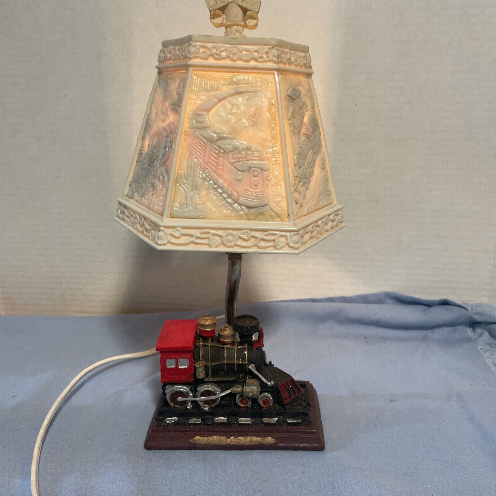 Small Ting Shen Train Lamp with Colored Inner Shade-1 Panel Missing On Shade-