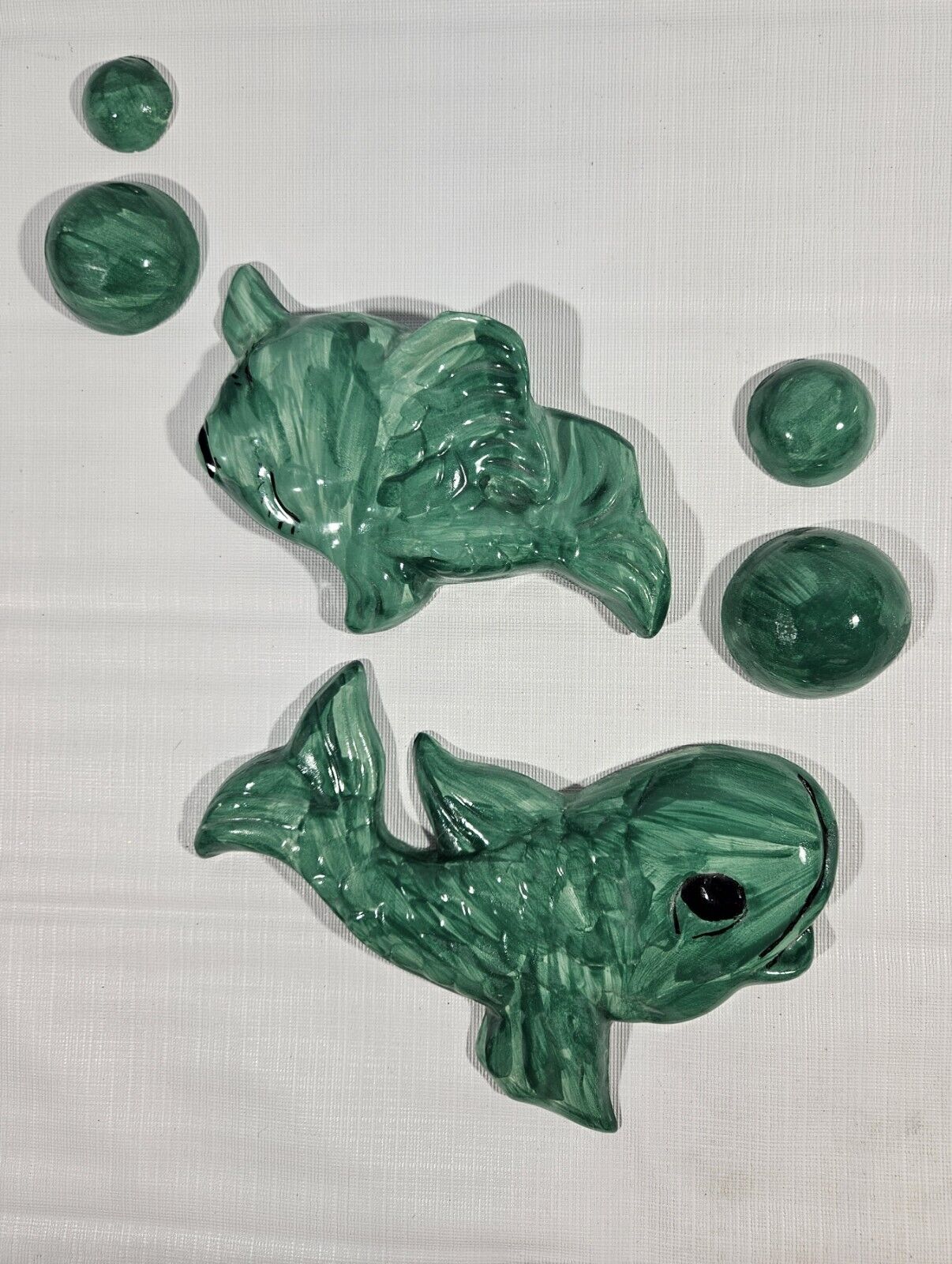 Vtg Ceramic Fish Koi Bubbles Wall Plaque Bathroom Decor Green MCM