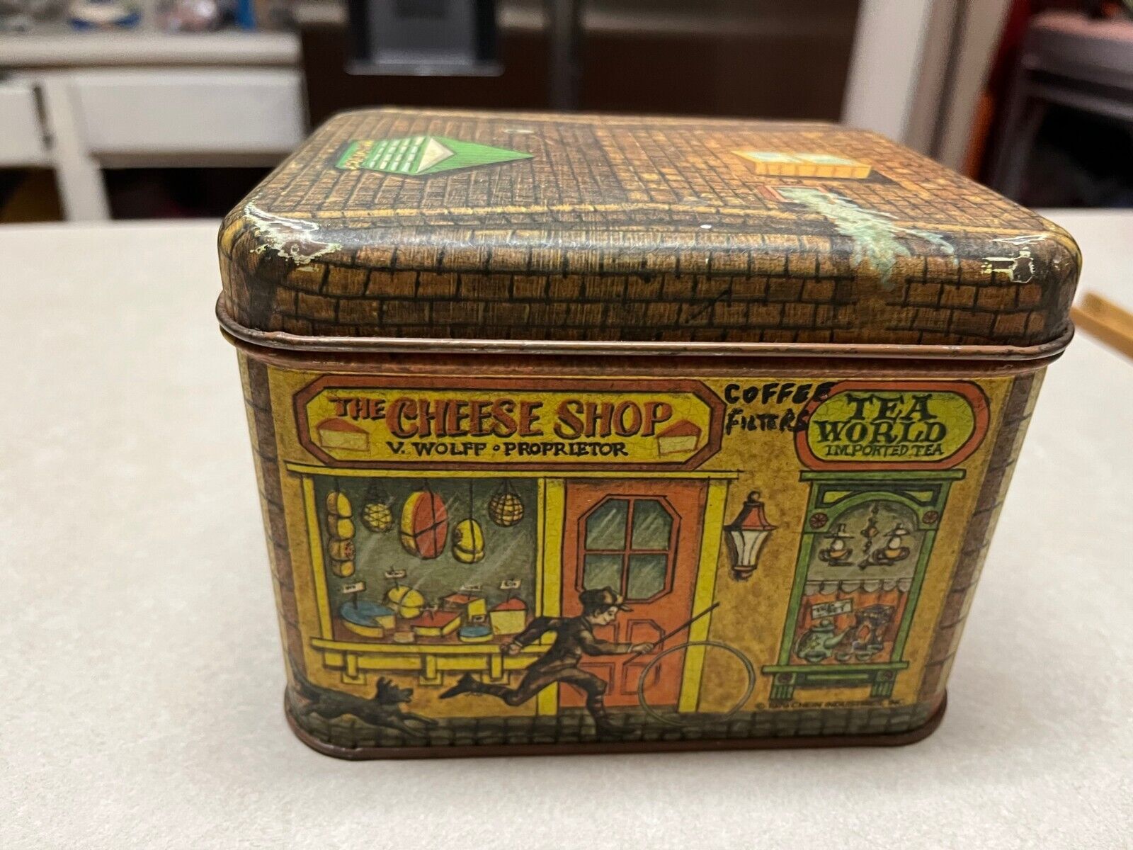 Vintage Cheinco Cheese Tea World Shoe Repair Village Shops Metal Tin