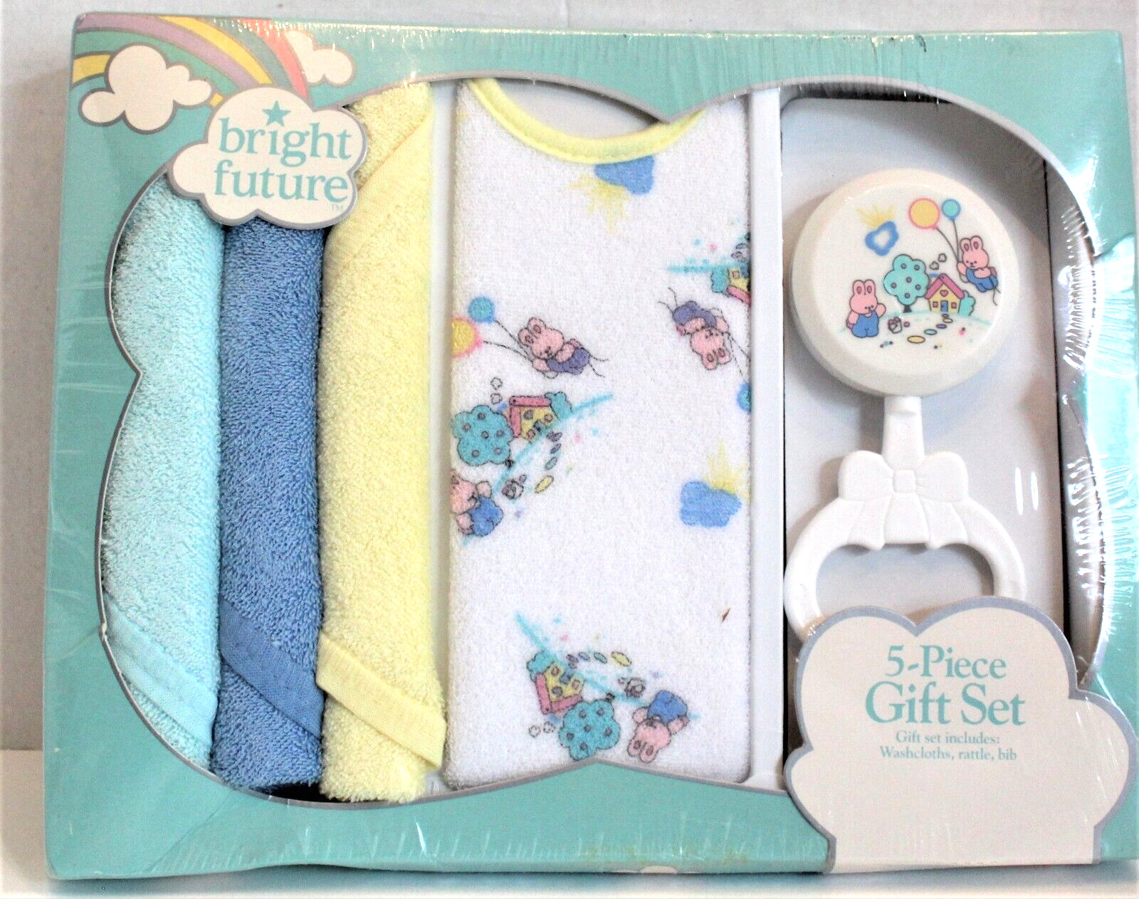 Vintage Bright Future Baby 5-piece Gift Set 3 Wash Cloths Bib Rattle NEW