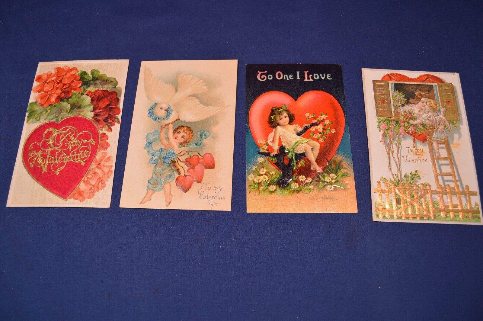 4 Early 1900s Valentines Postcards,Embossed, Raised Print,Colorful,Antique